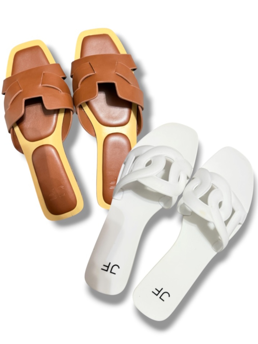 JustFab Women’s Bundle Seaside Dressy Cognac + Sally Jelly White Slide Sandals